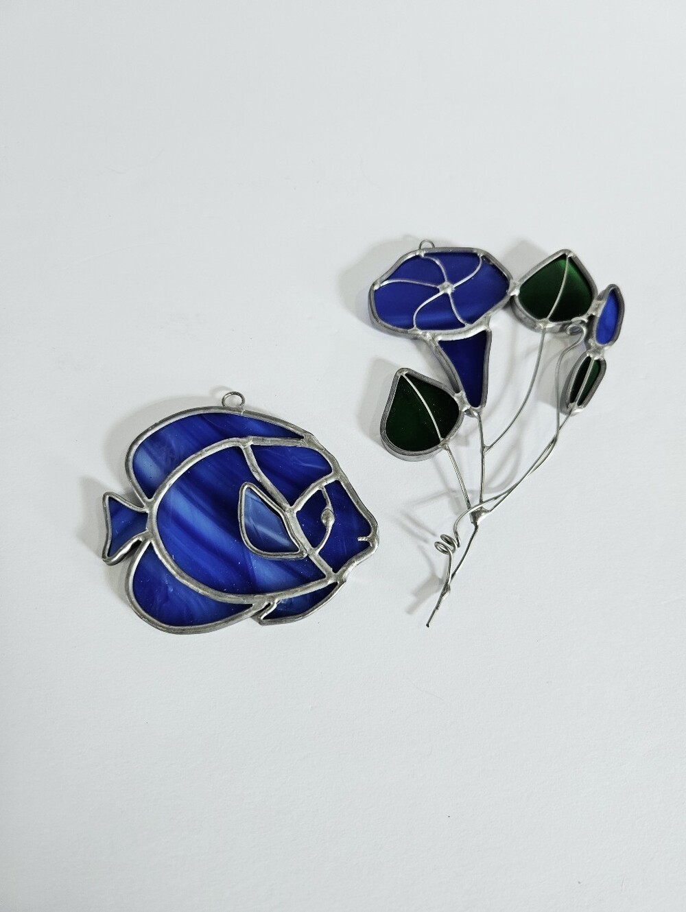 Hand Crafted Leaded Blue Stained Glass Fish Morning Glory Floral Suncatcher Set
